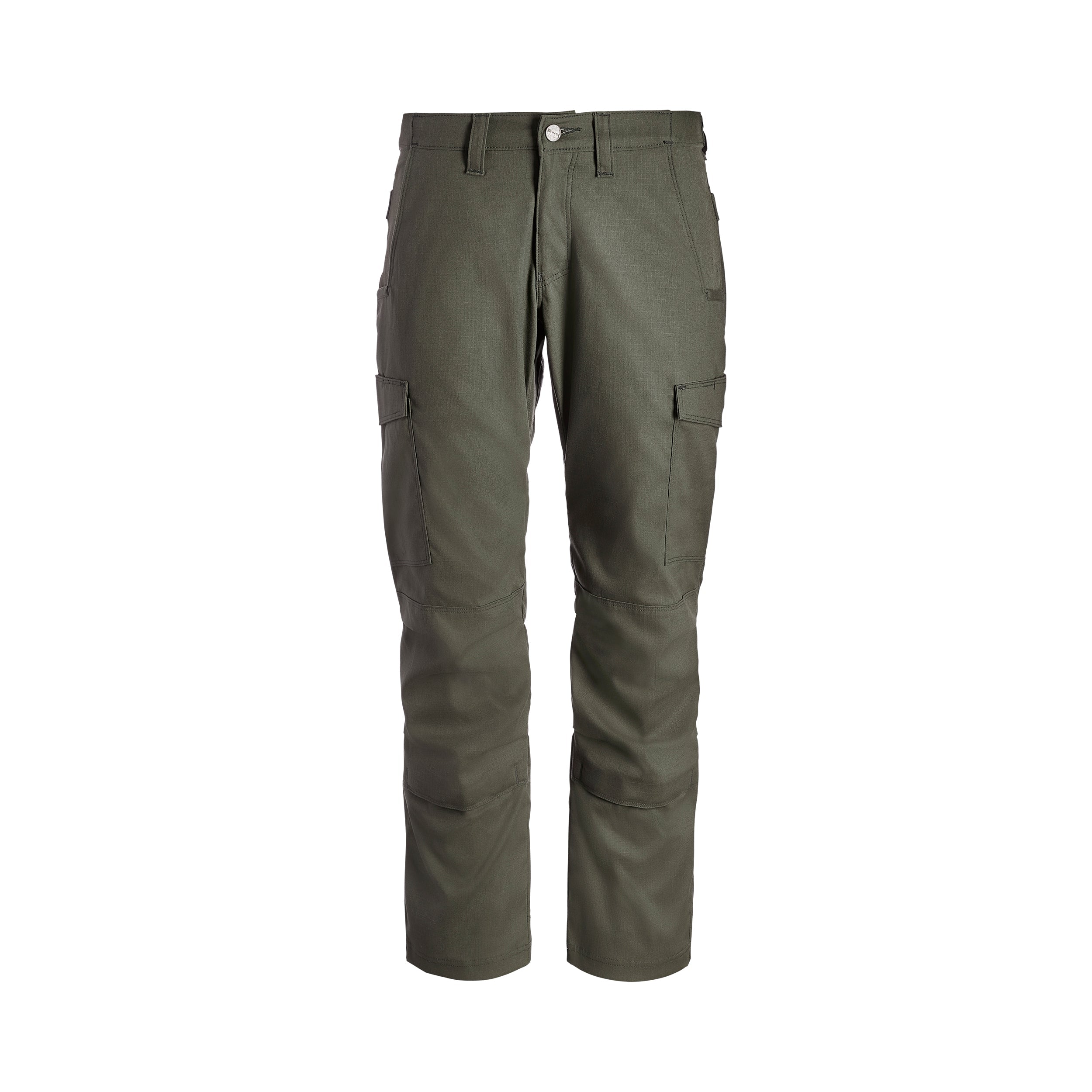 Product shot of olive green tactical pants featuring multiple pockets, reinforced knees, and a buttoned waistband