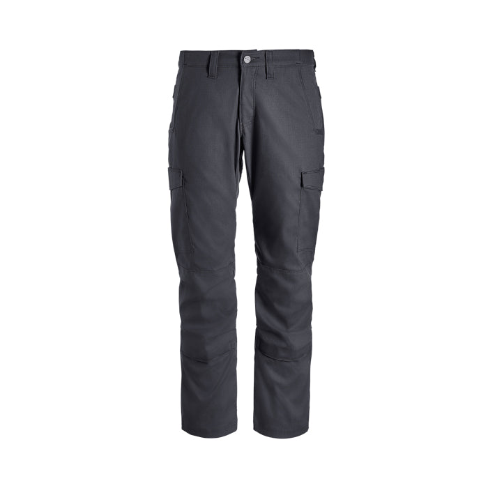 Product shot of dark gray cargo pants featuring reinforced knees and multiple pockets against a white background