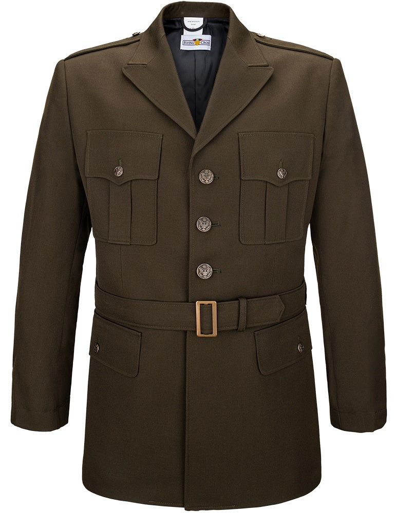 Flying Cross olive green US Army officer's jacket featuring brass buttons a belted waist and flap pockets