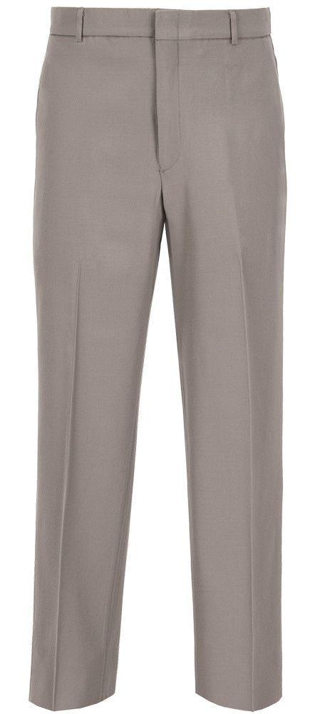 Product shot of taupe straight-leg trousers featuring a center crease and subtle texture showcasing a tailored fit