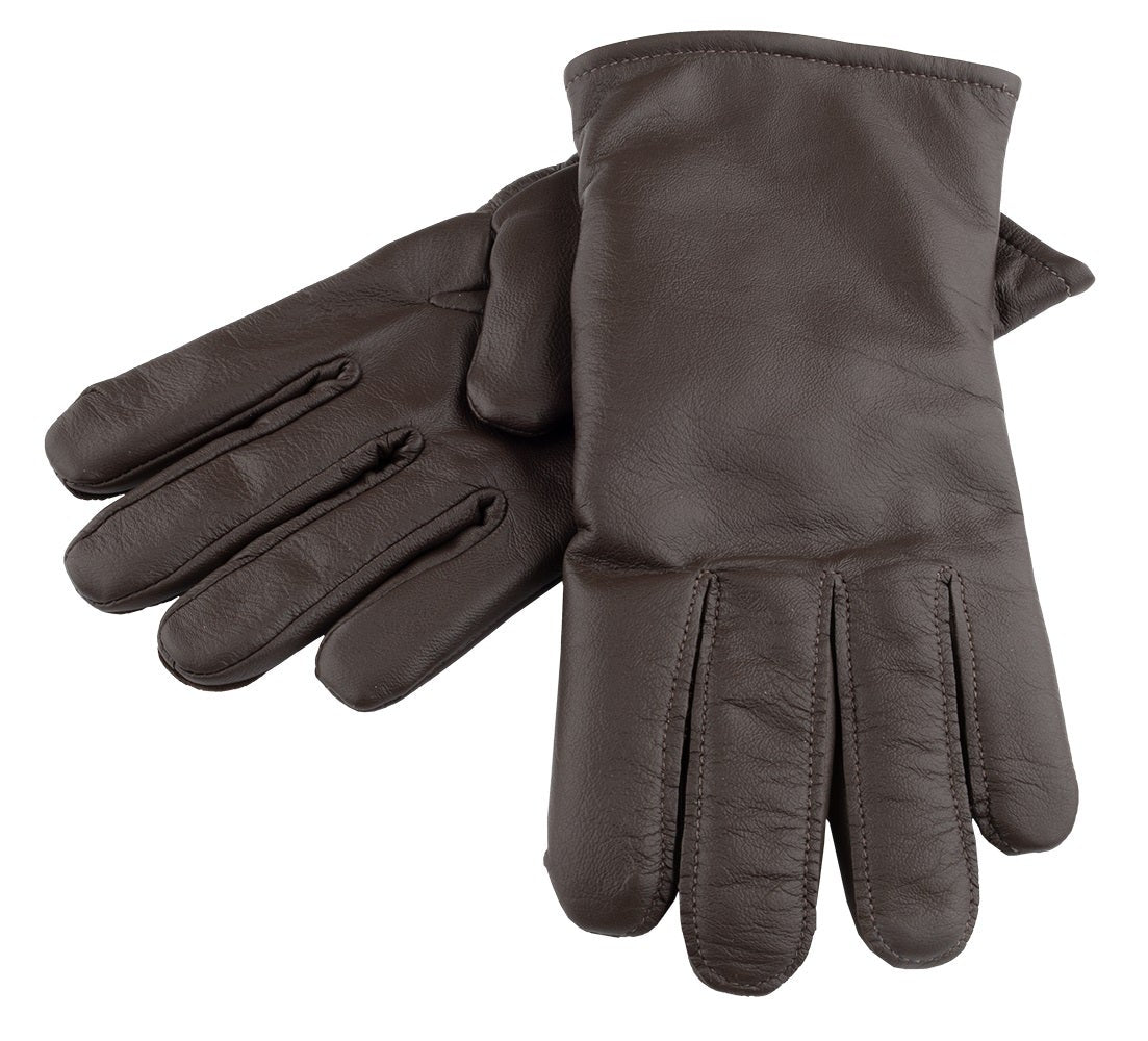 Product shot of a pair of brown leather gloves showing rich texture and subtle stitching details against a white background