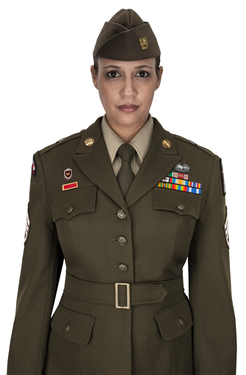 Photograph of a female US Army soldier in olive green uniform with gold buttons, colorful ribbons, and a military cap featuring a golden emblem, against a black background