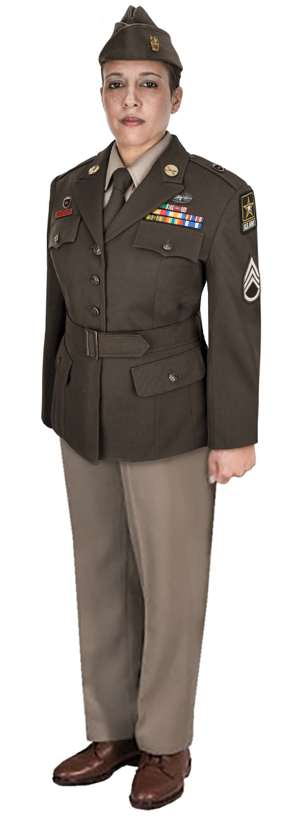 Photo of a female US Army Sergeant wearing a olive-green service uniform with tan trousers, numerous colorful ribbons, and a distinctive cap insignia against a black background