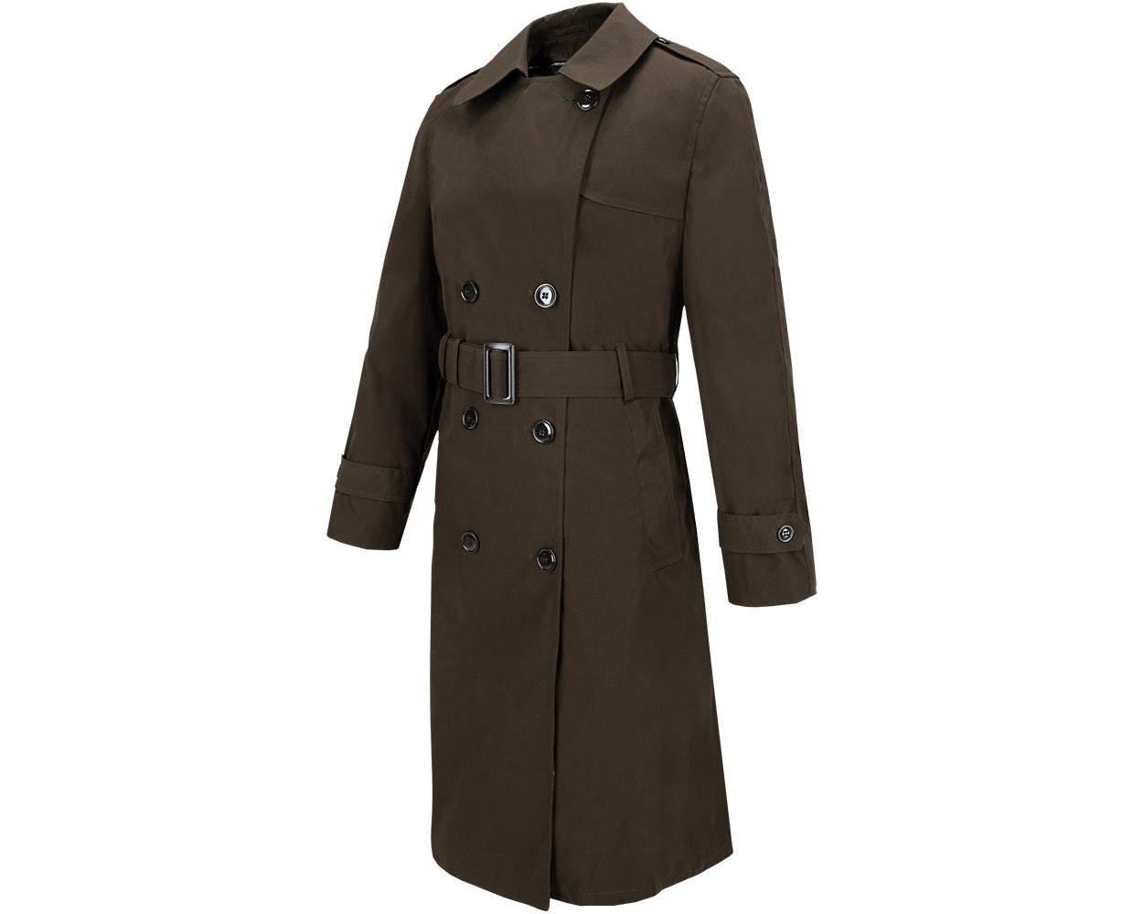Product shot of a dark olive green double-breasted belted trench coat with black buttons and epaulets on the sleeves against a white background