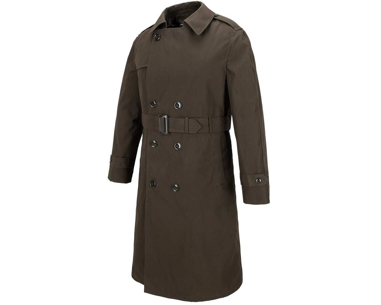 Product shot of a dark olive green military-style trench coat featuring a belted waist, double-breasted closure, and epaulets on the shoulders