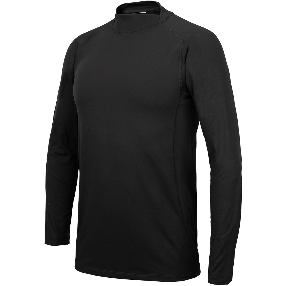 Product shot of a black long-sleeved mock neck shirt showing its form-fitting design and subtle seams