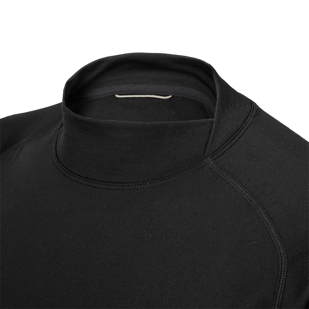 Close-up of a black mock neck shirt showcasing its soft texture, subtle stitching detail, and a small inner label.
