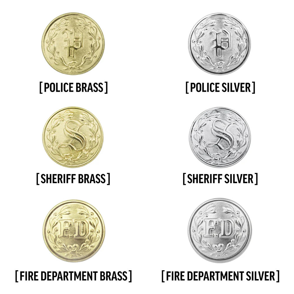 Six metallic buttons showcasing Police, Sheriff, and Fire Department insignia in brass and silver finishes with ornate leaf details and embossed lettering