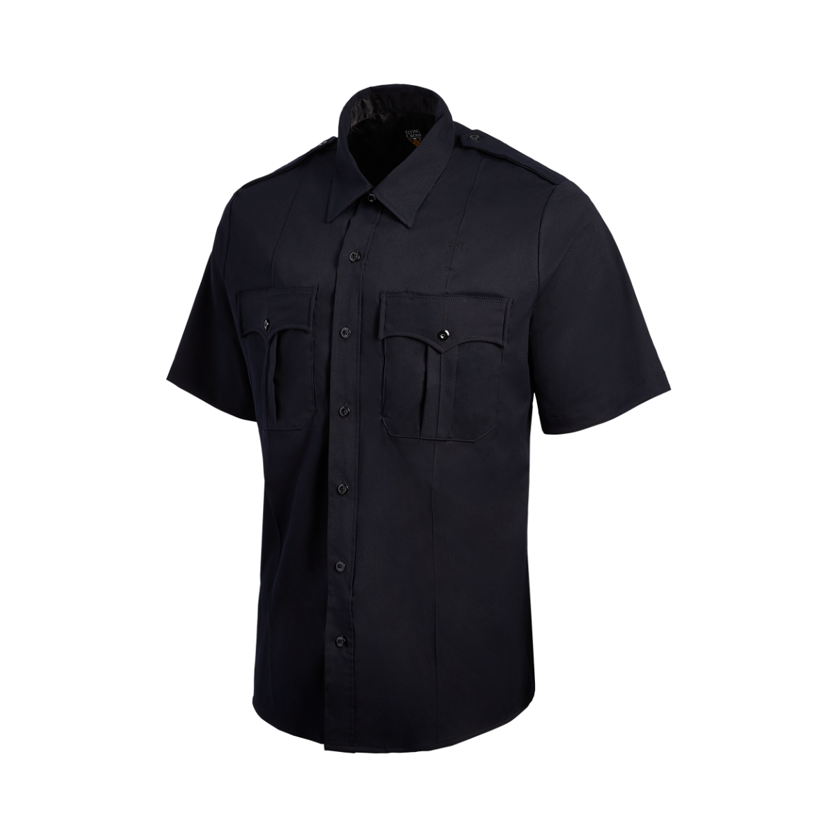 Product shot of a Flying Cross navy blue short-sleeve uniform shirt featuring two chest pockets with flaps and dark buttons against a black background