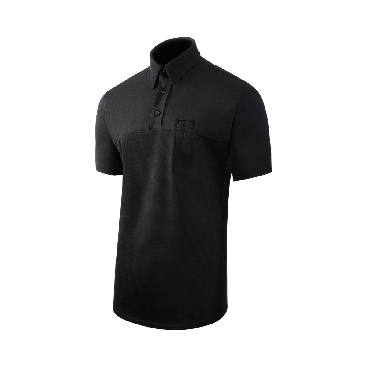 Product shot of a dark gray short-sleeved polo shirt featuring a contrasting textured panel and a small chest pocket showcasing its button-down collar and subtly curved hemline
