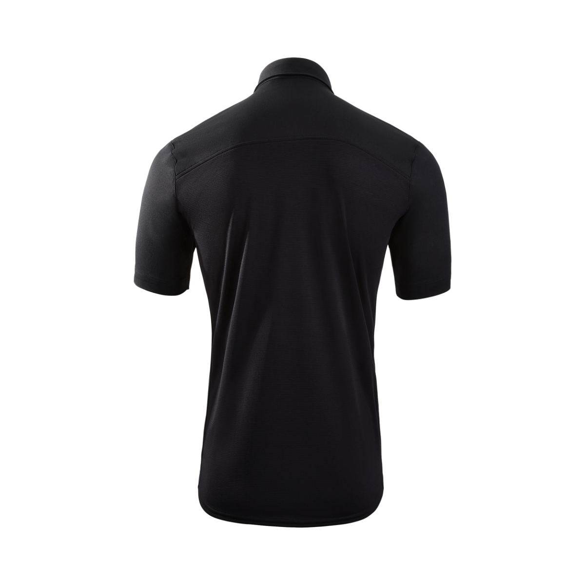 Product shot of a black short-sleeved polo shirt showcasing its textured fabric, collared neckline and back yoke detail