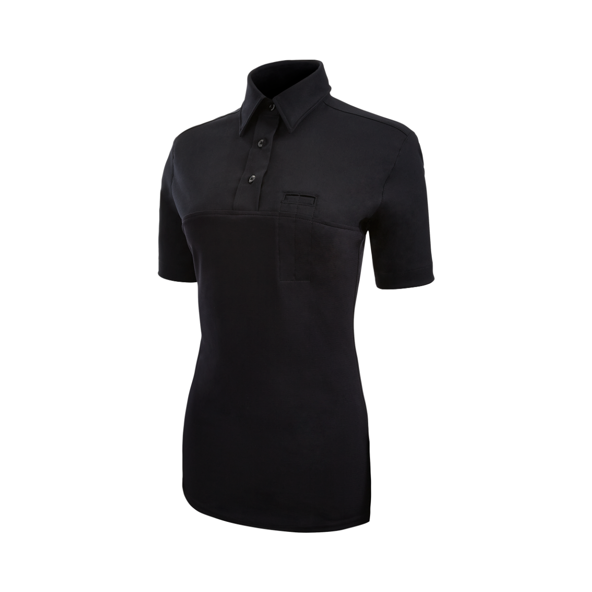 Product shot of a black short-sleeved collared shirt with a small pocket and a fitted silhouette showing button detailing and subtle seam lines