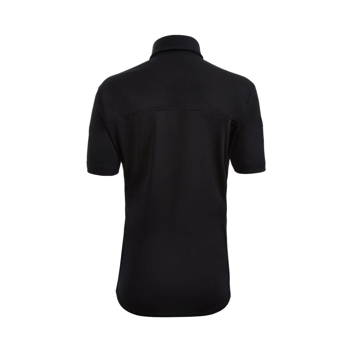 Product shot of a black short-sleeved polo shirt showcasing its textured fabric, subtle stitching detail, and a classic collar design