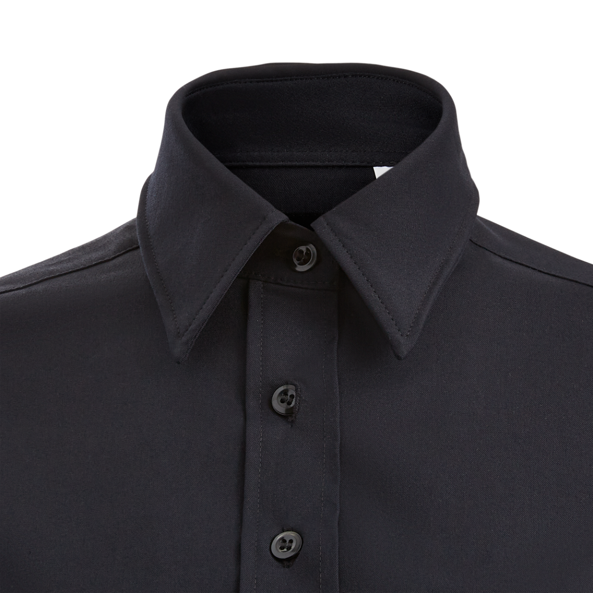 Close-up of a dark charcoal-colored collared shirt showing a crisp collar, dark buttons, and subtle stitching details