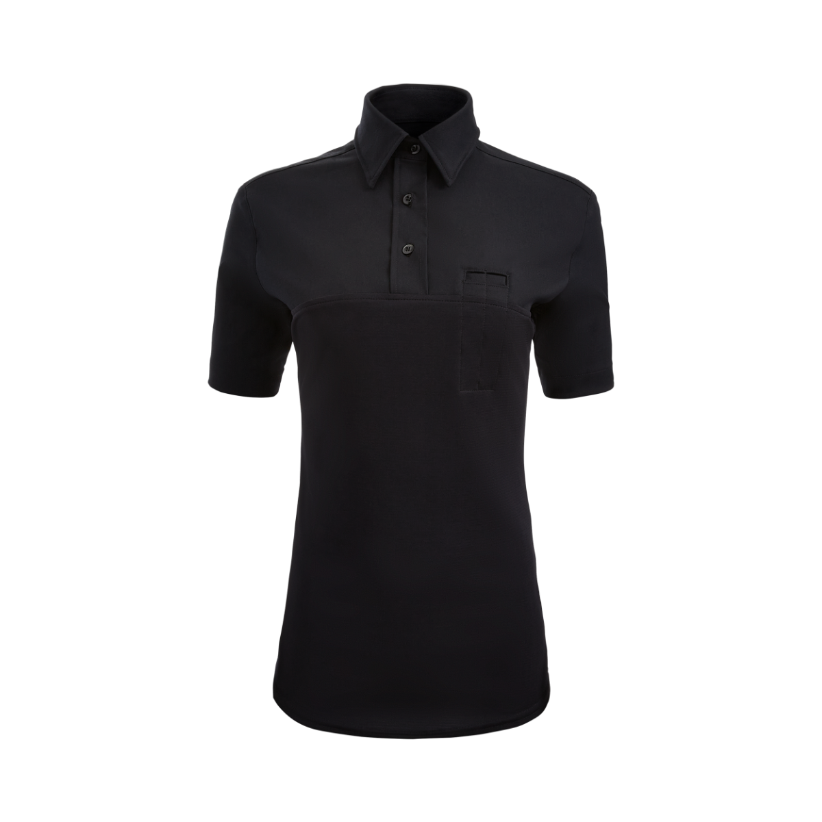 Product shot of a black short sleeve collared shirt featuring a breast pocket and button placket with dark stitching details