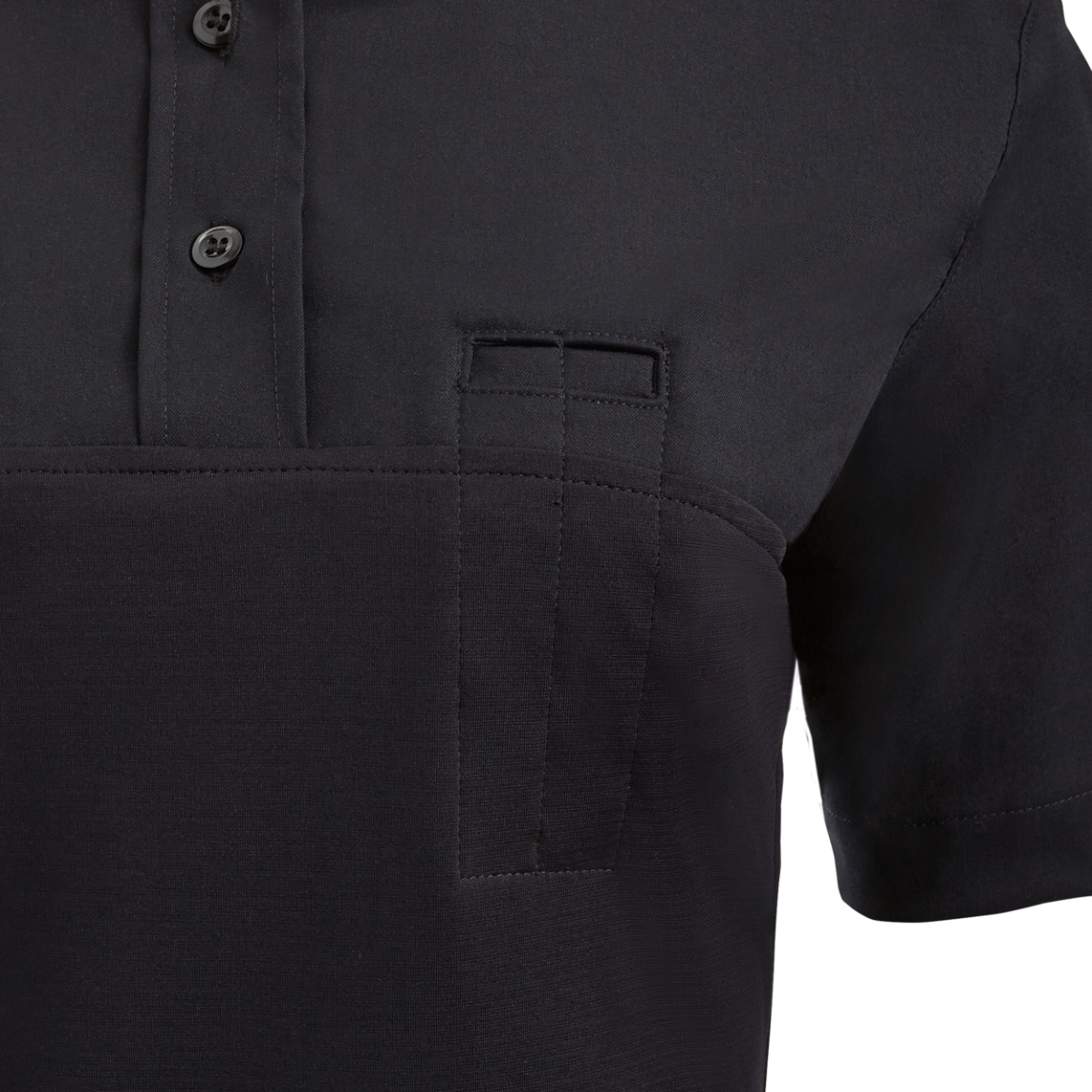 Close-up of a black short-sleeved shirt featuring a unique pocket design with subtle stitching and a contrasting texture showcasing the shirt's tailored details