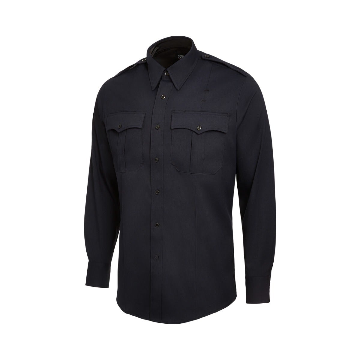 Product shot of a navy blue long-sleeved uniform shirt featuring two chest pockets, black buttons, and epaulets on the shoulders