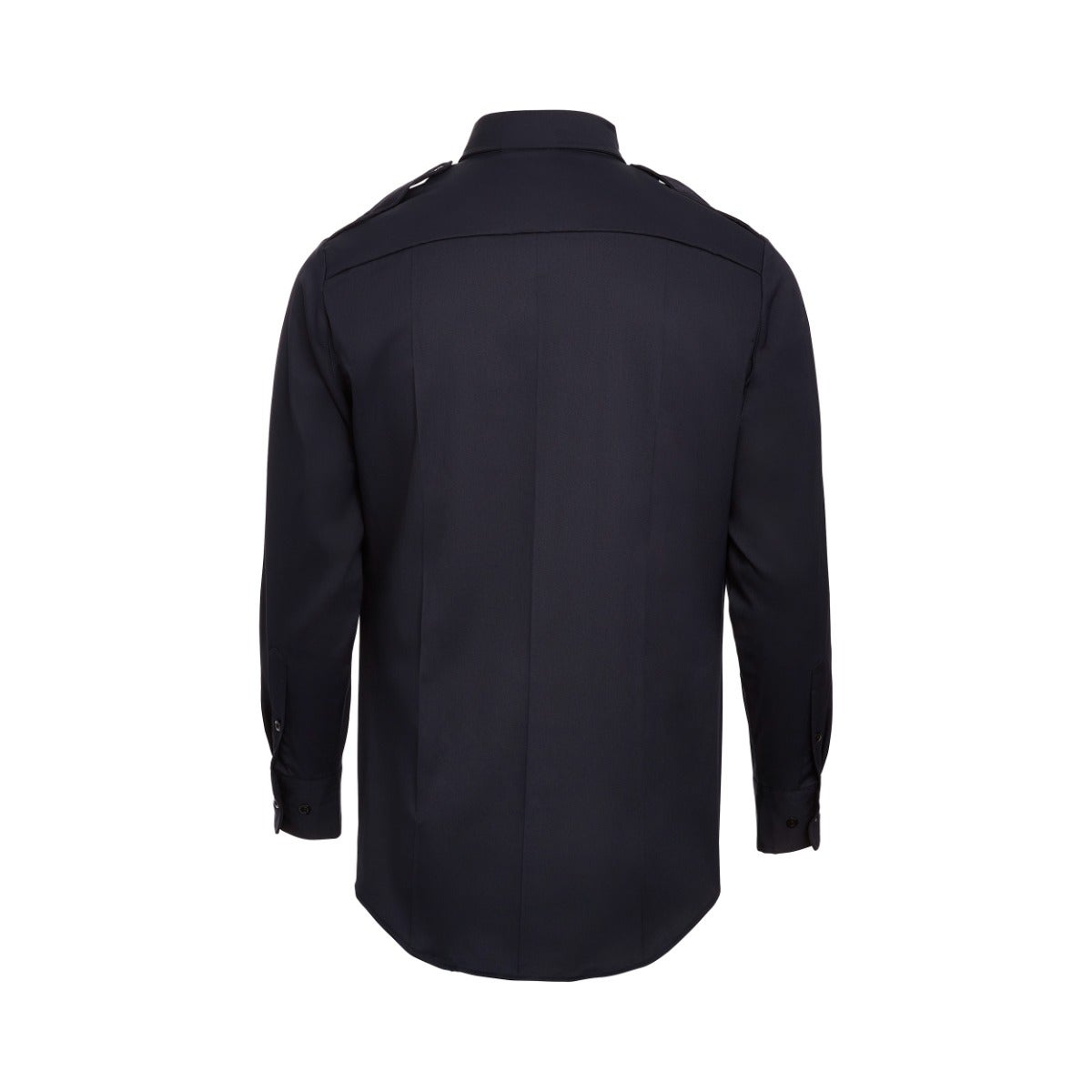 Product shot of a dark navy blue long-sleeved shirt with epaulets and subtle texture showing the back view against a white background