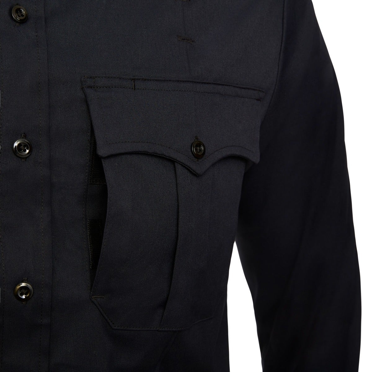Close-up of a dark navy blue uniform shirt featuring a unique double-flap pocket with a button and subtle stitching details showing a professional and durable design