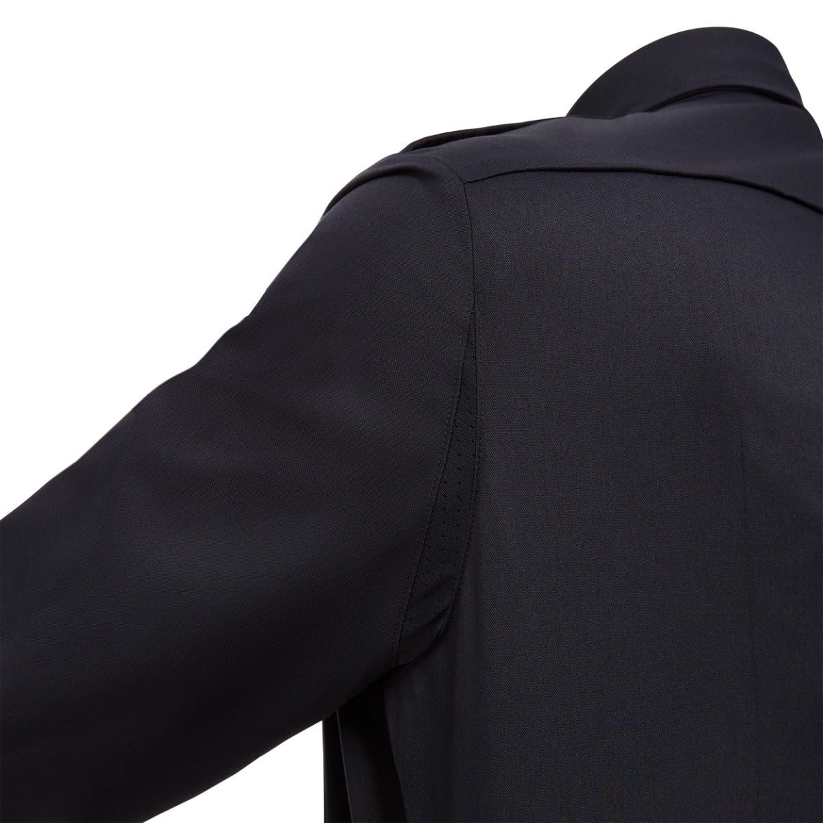 Close-up of a dark-colored, long-sleeved shirt showcasing breathable mesh detailing, subtle stitching, and a smooth fabric texture