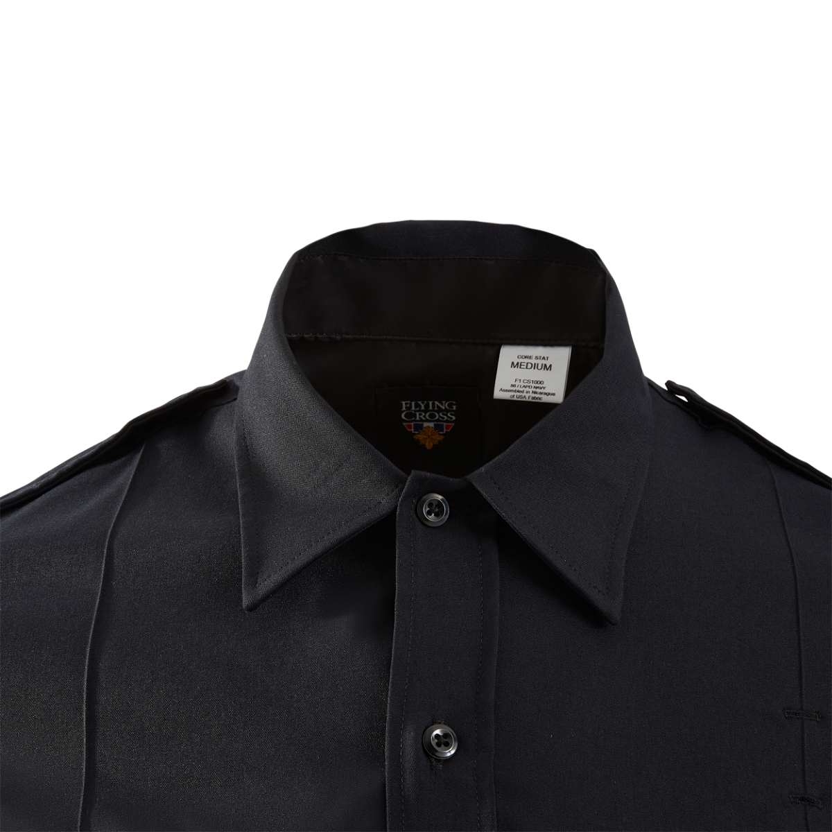 Close-up of a Flying Cross Core Stat medium shirt showcasing its dark fabric, crisp collar, and branded label
