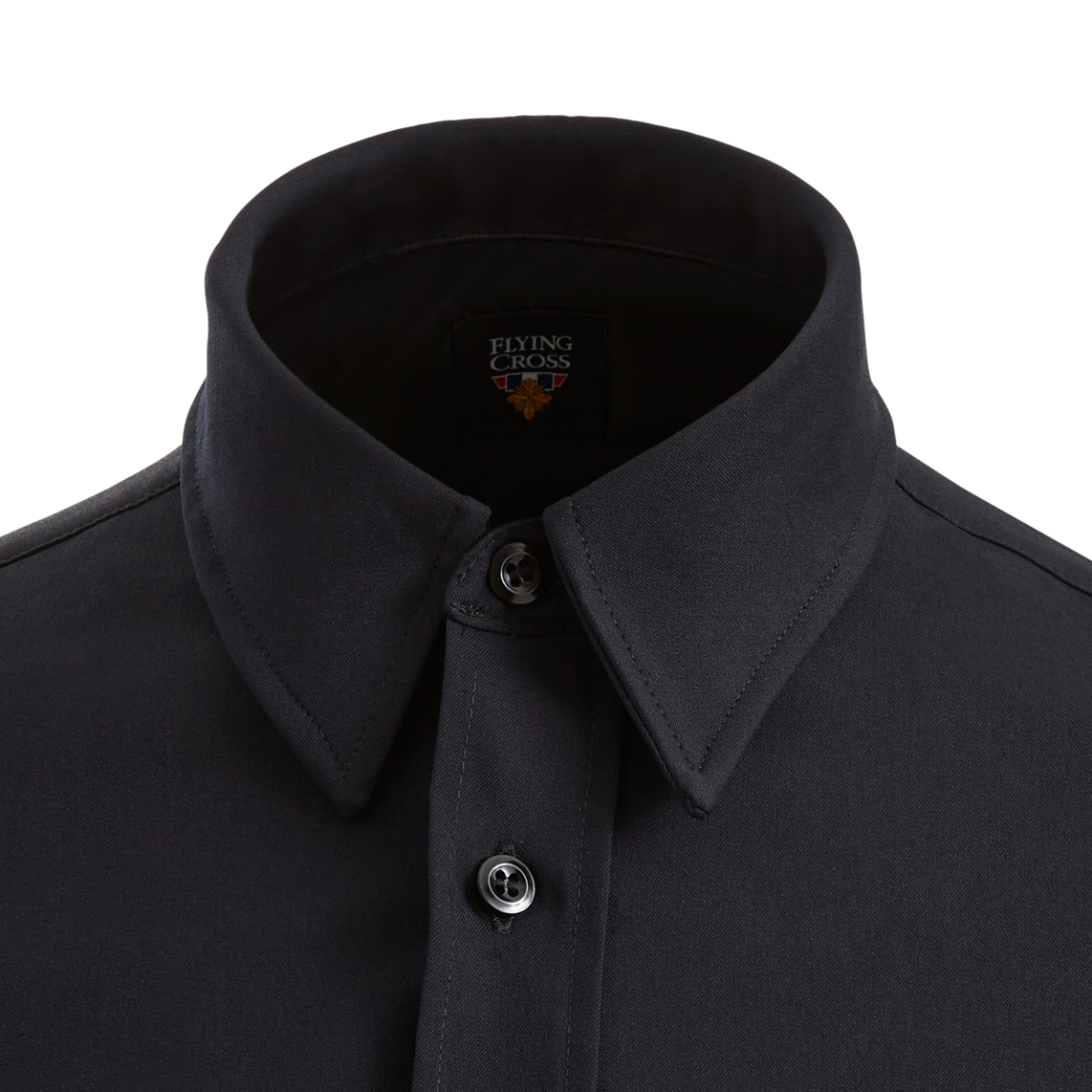 Close-up of a Flying Cross brand dark gray shirt collar featuring a small logo with a gold emblem and meticulously stitched details on the buttons and collar