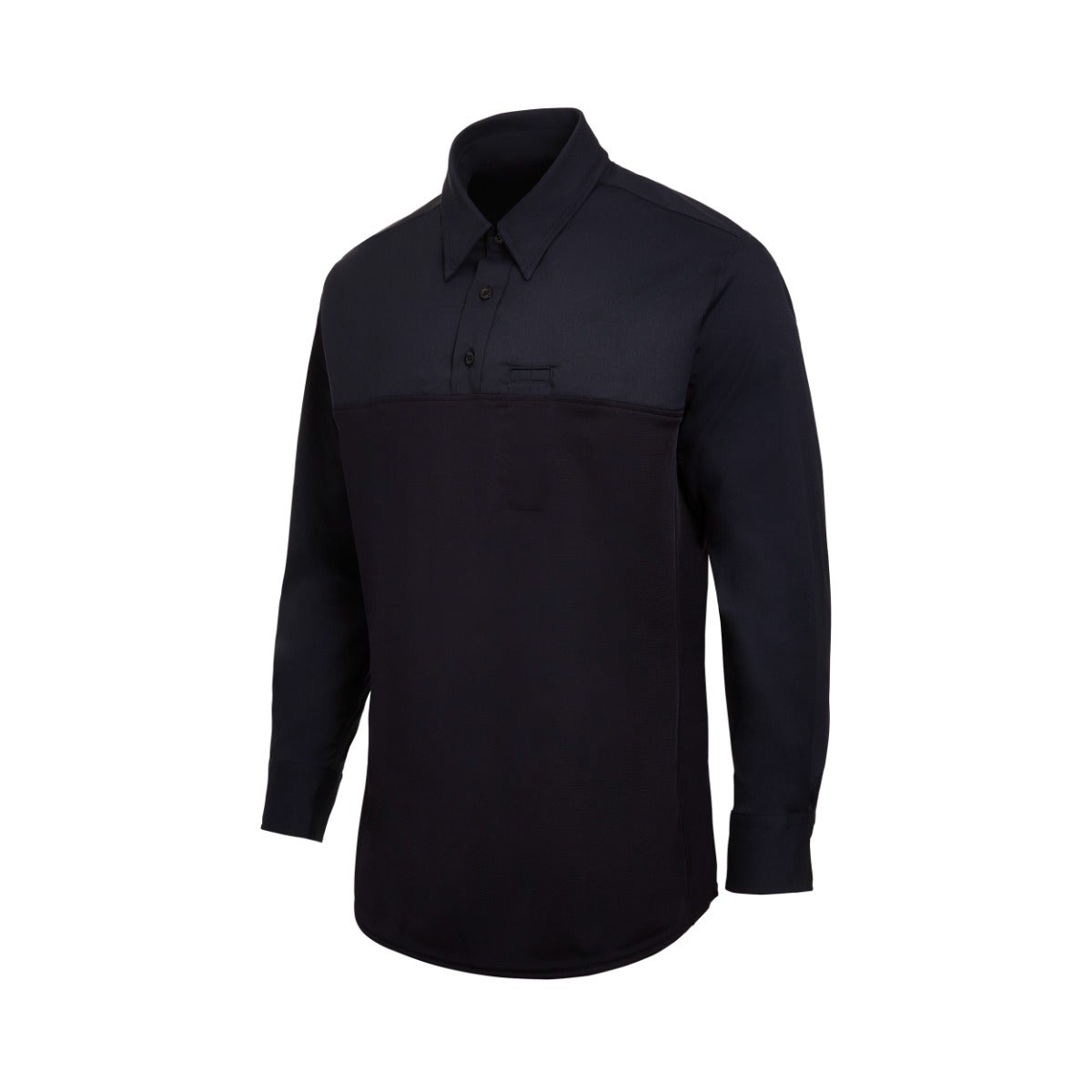 Product shot of a dark navy blue long sleeve shirt with a button down collar and contrasting textured upper section featuring a small chest pocket