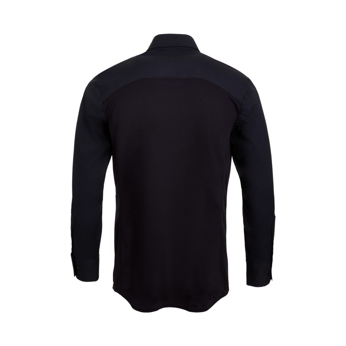 Product shot of a men's dark navy long-sleeved dress shirt showing the back detail with a yoke and classic buttoned cuffs