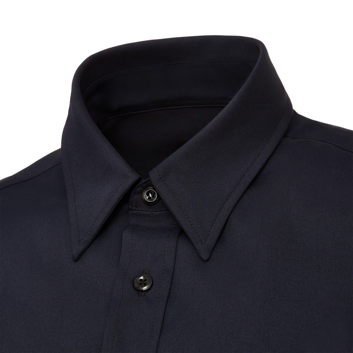 Close-up of a dark navy blue collared shirt showcasing its smooth texture, subtle sheen, and dark buttons