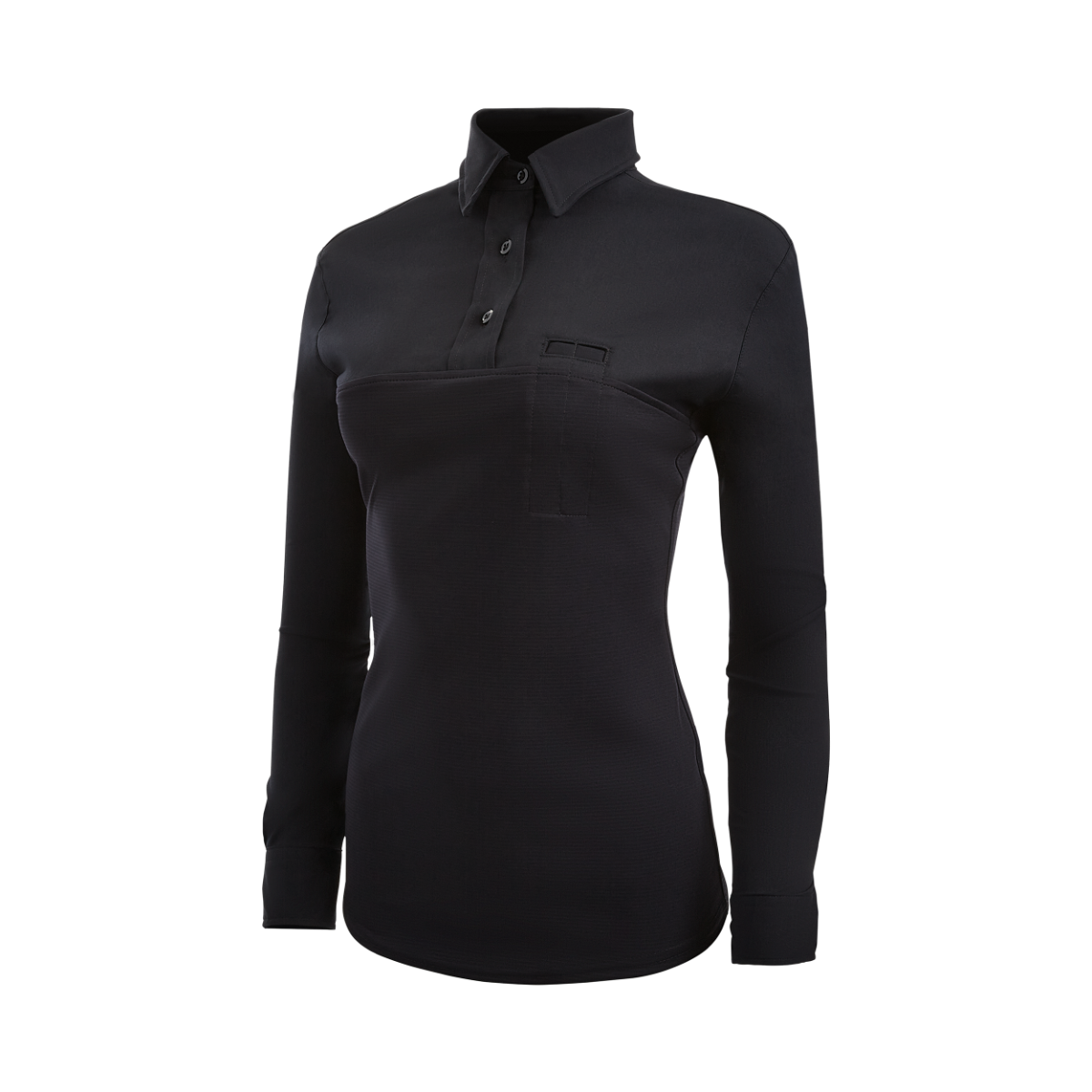 Product shot of a black women's long-sleeved collared shirt featuring a unique chest pocket and subtle textured fabric with a fitted silhouette