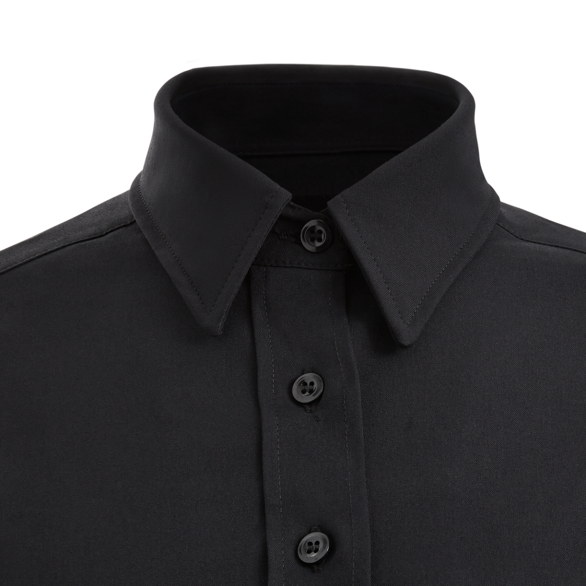 Close-up product shot of a black collared shirt featuring a crisp collar, a row of dark buttons, and subtle textured fabric