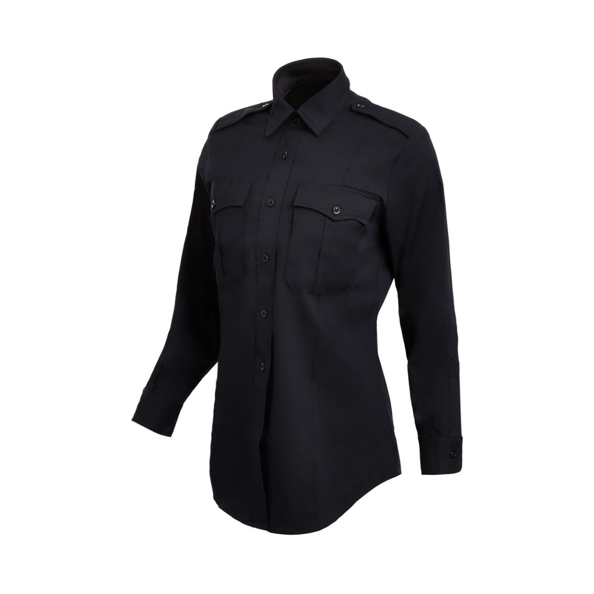 Product shot of a women's dark navy blue long-sleeve uniform shirt with two chest pockets and black buttons showing subtle texture and a tailored fit
