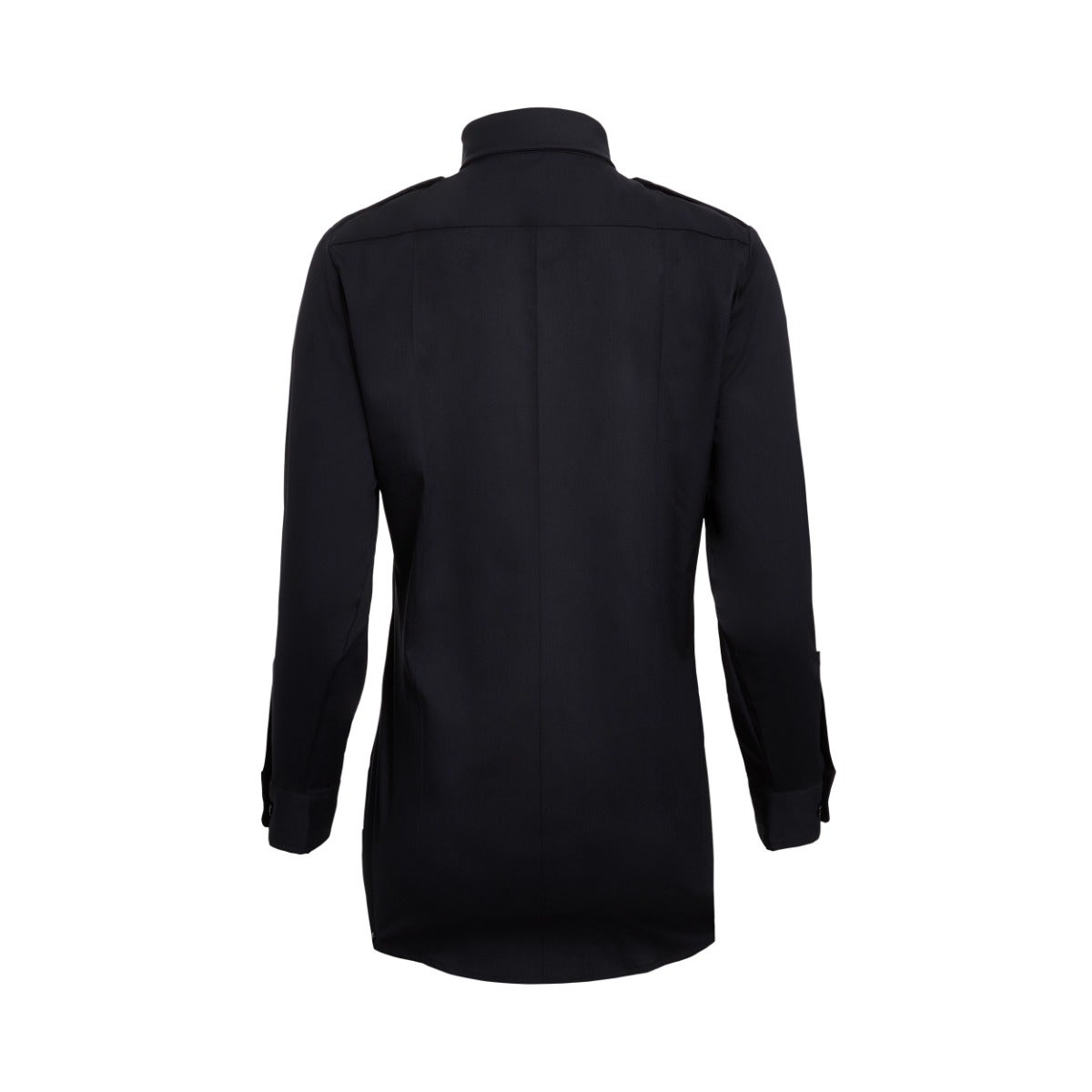 Studio shot of a black long-sleeved shirt with a subtle textured fabric and a button-down collar showing epaulets on the shoulders and long sleeves with buttoned cuffs