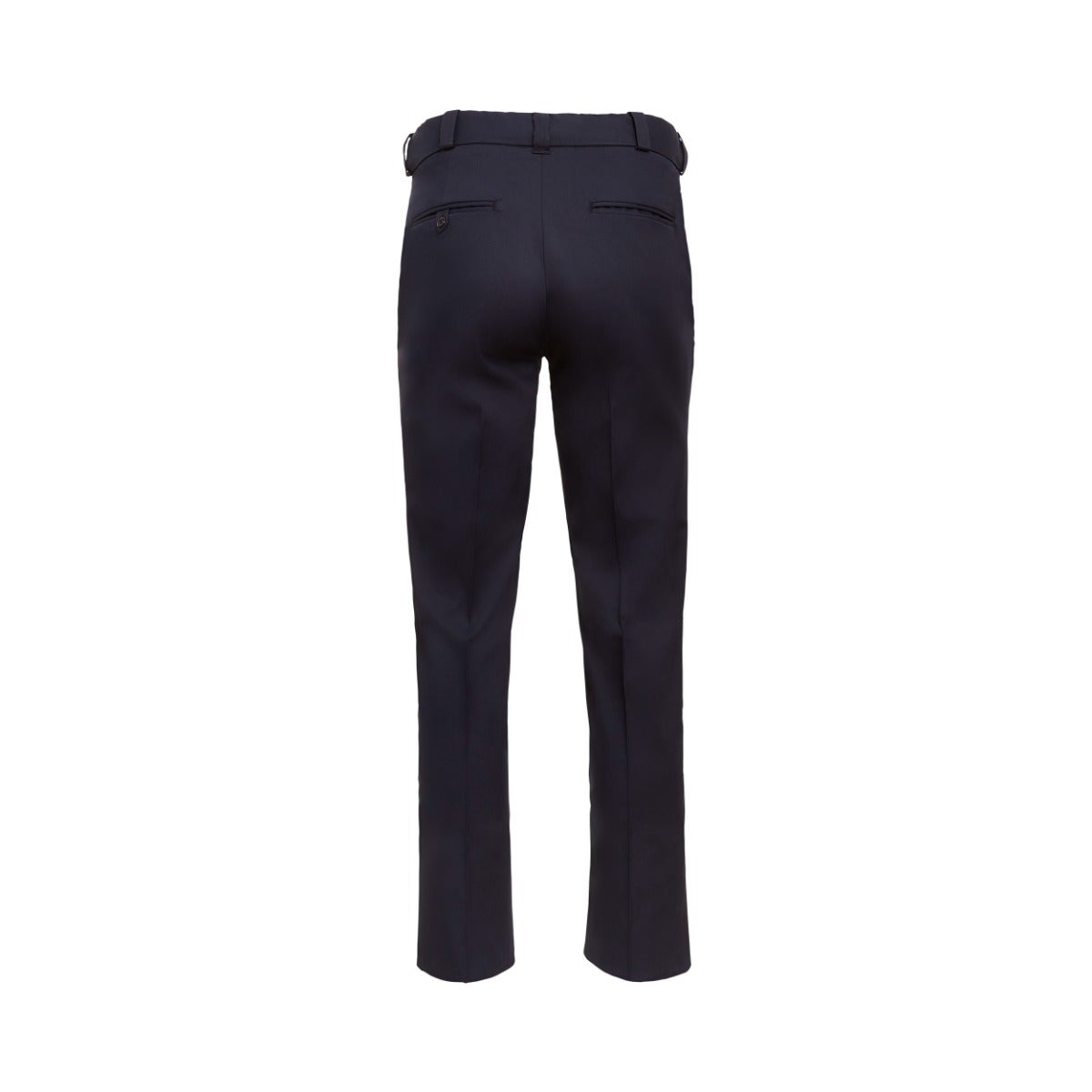 Product shot of dark navy trousers featuring a belted waist and back pockets with subtle stitching details