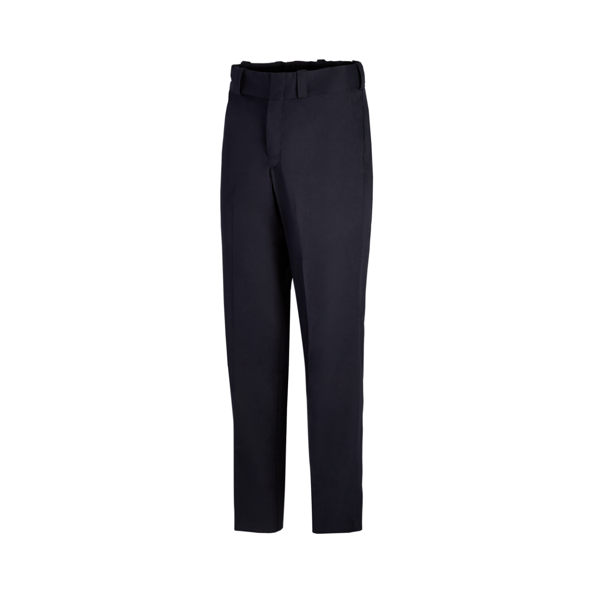 Product shot of dark navy blue pants featuring a flat front, a button closure, and straight legs