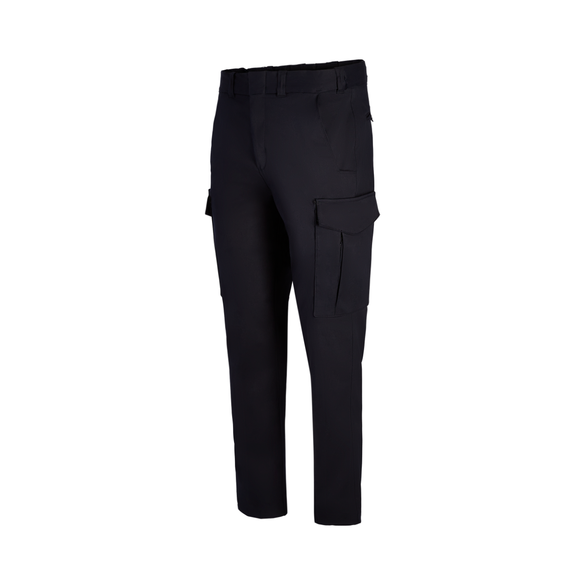 Product shot of dark navy cargo pants featuring a flat front, zippered pockets, and a tailored fit