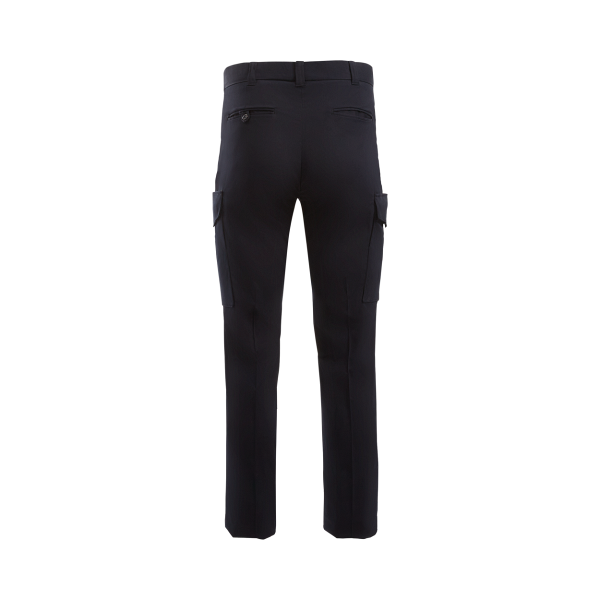 Product shot of dark-colored cargo pants featuring a button closure, two side pockets, and a sleek tailored fit.
