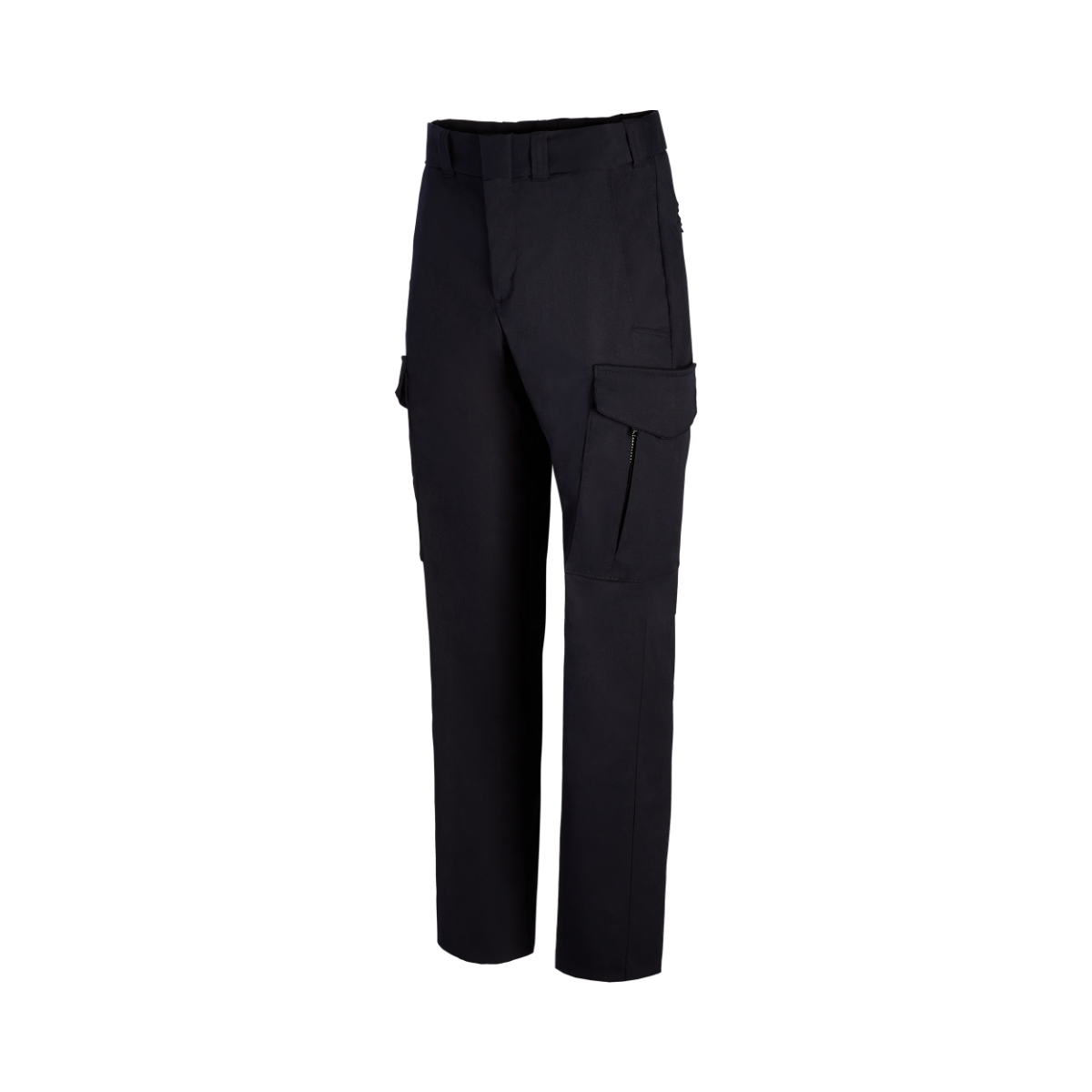 Product shot of dark navy blue cargo pants featuring a zippered pocket and two side pockets against a black background