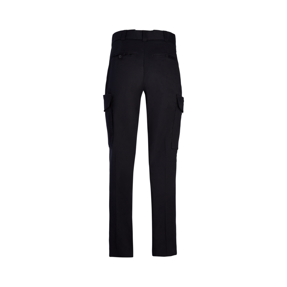 Product shot of black cargo pants featuring a buttoned waistband, two side cargo pockets, and a sleek tailored fit
