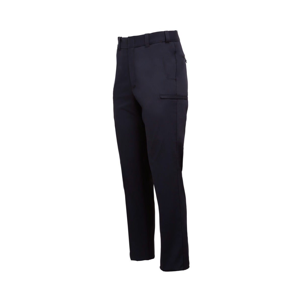 Product shot of dark navy blue straight-leg trousers featuring a flat front, zippered side pockets, and a classic tailored fit against a white background