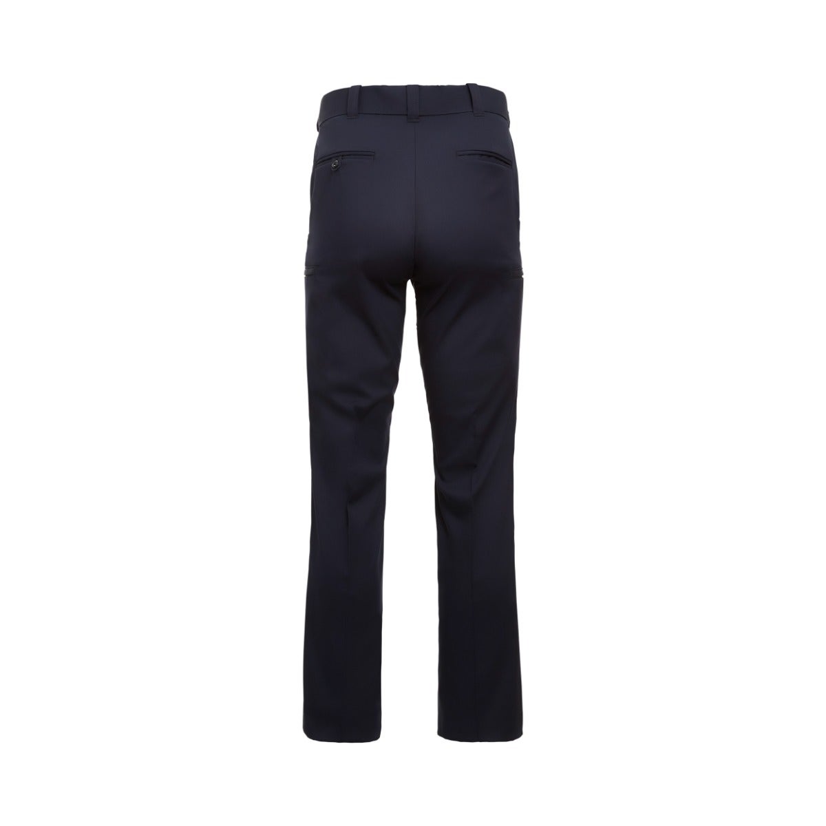 Product shot showing a pair of dark navy blue dress pants with a buttoned back pocket and subtle side seam detailing against a white background