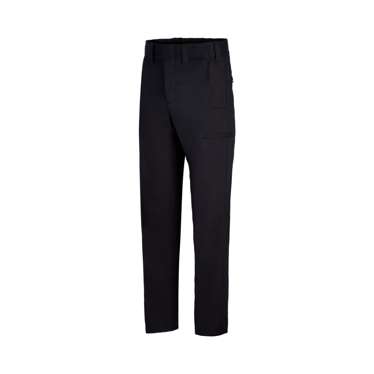 Product shot of dark navy blue tactical pants featuring a waistband, two side pockets, and a cargo pocket