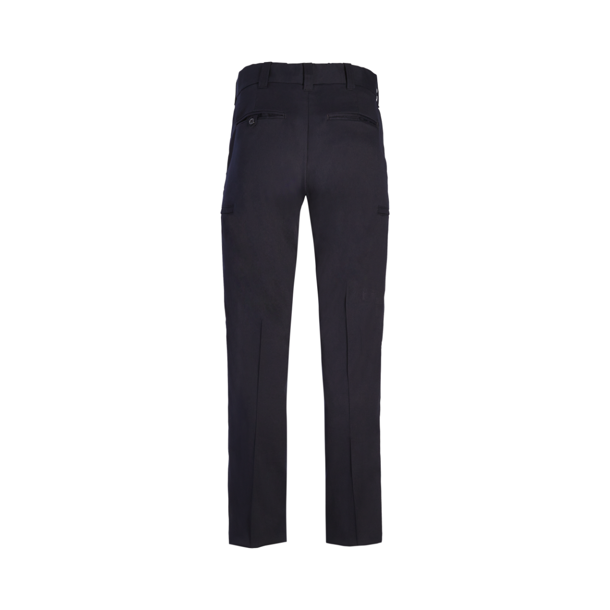 Product shot showing a pair of dark navy women's pants with a button closure and side pockets featuring a clean, tailored fit