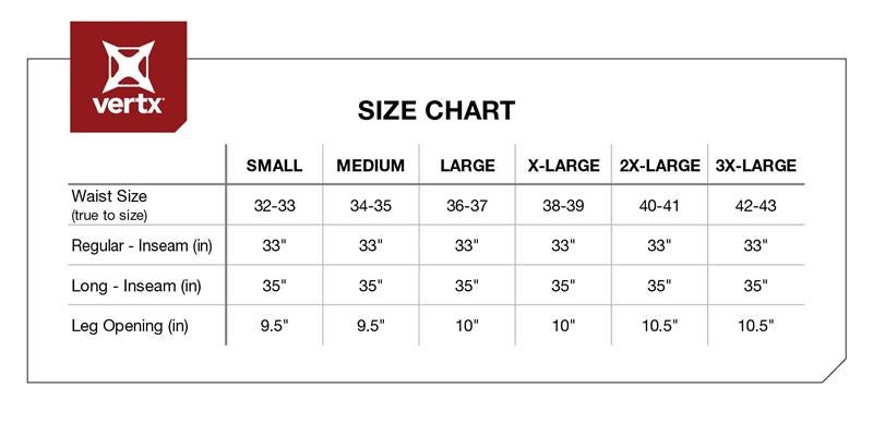 Vertx size chart showing waist, inseam, and leg opening measurements in inches for small through 3X-large sizes with a red and white logo in the top left corner