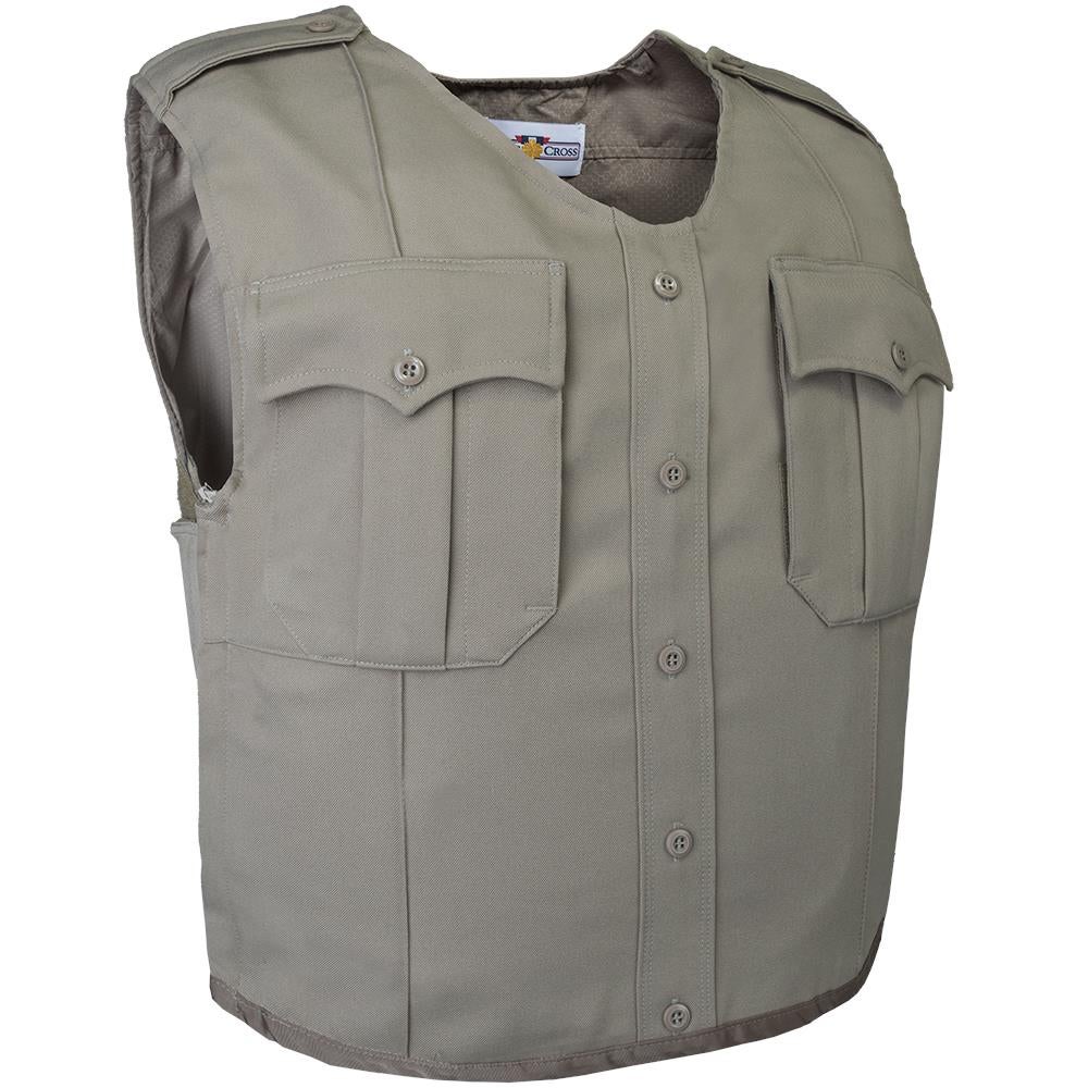 Product shot of a Cross brand tan cotton blend police vest featuring multiple pockets button closures and a reinforced hem