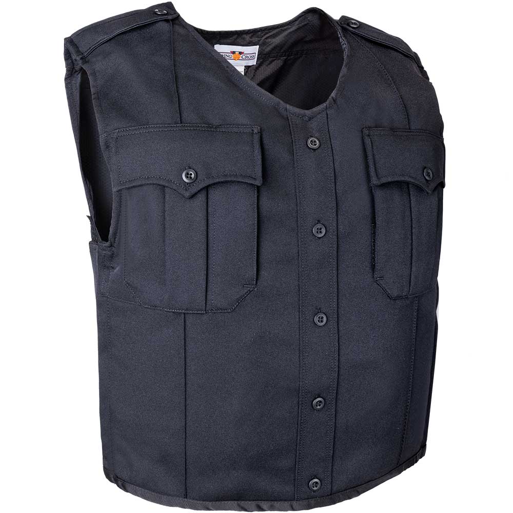 Product shot of a dark navy blue Wing Cross brand tactical vest featuring multiple button closures and two chest pockets with button flaps