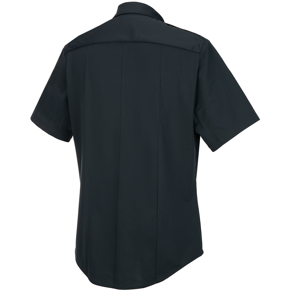 Product shot of a dark-colored short-sleeved shirt showing a center back pleat and a curved hem with subtle stitching details