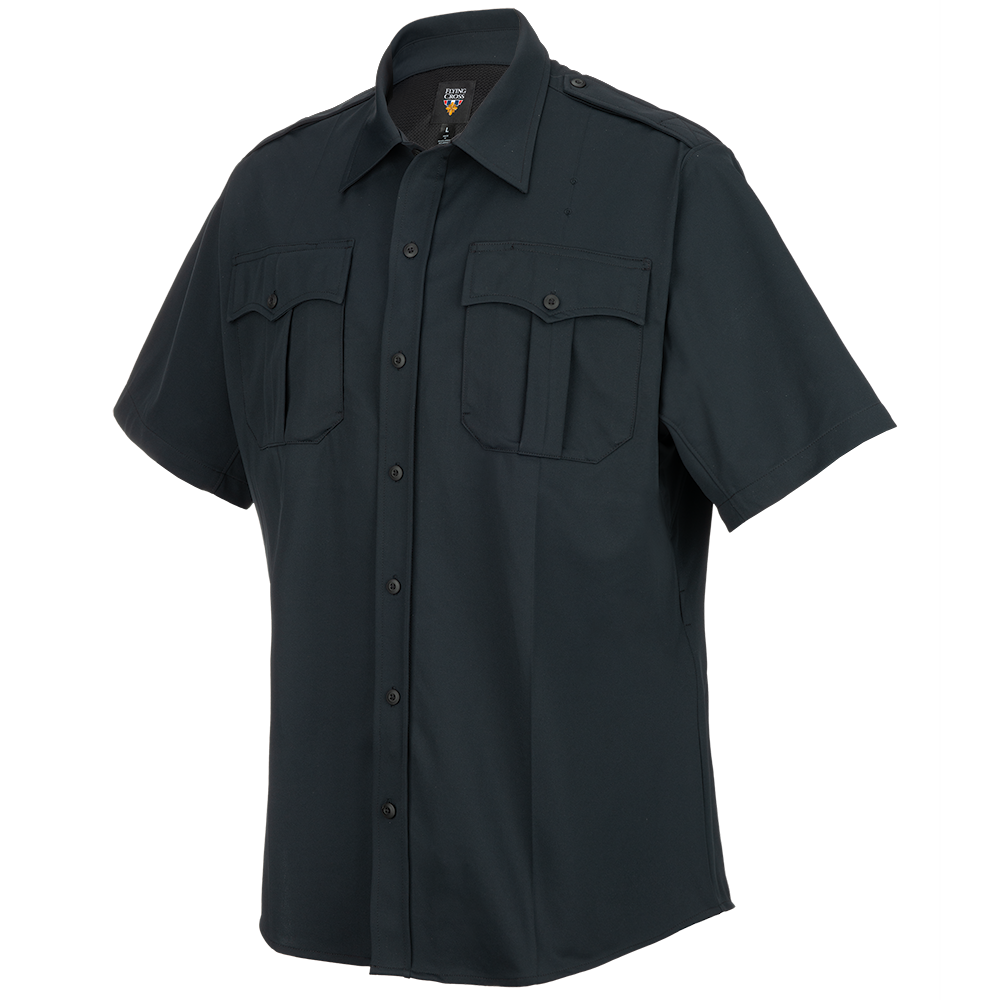Product shot of a dark-navy Flying Cross short-sleeve tactical shirt featuring two chest pockets, button front closure, and a small logo above the left breast pocket