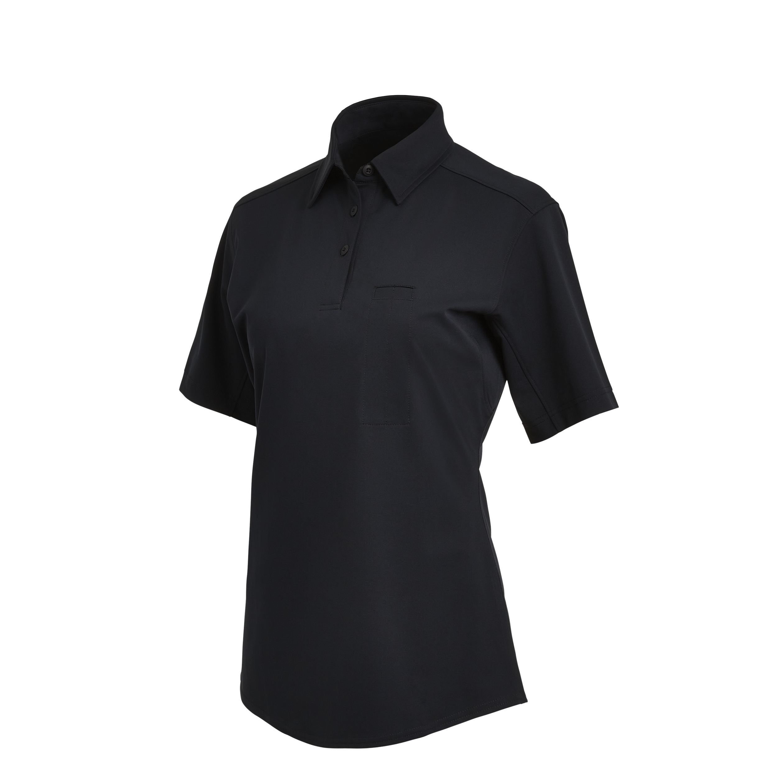 Product shot of a black women's short-sleeved polo shirt featuring a breast pocket, three-button placket, and a tailored fit displayed against a multicolored abstract background