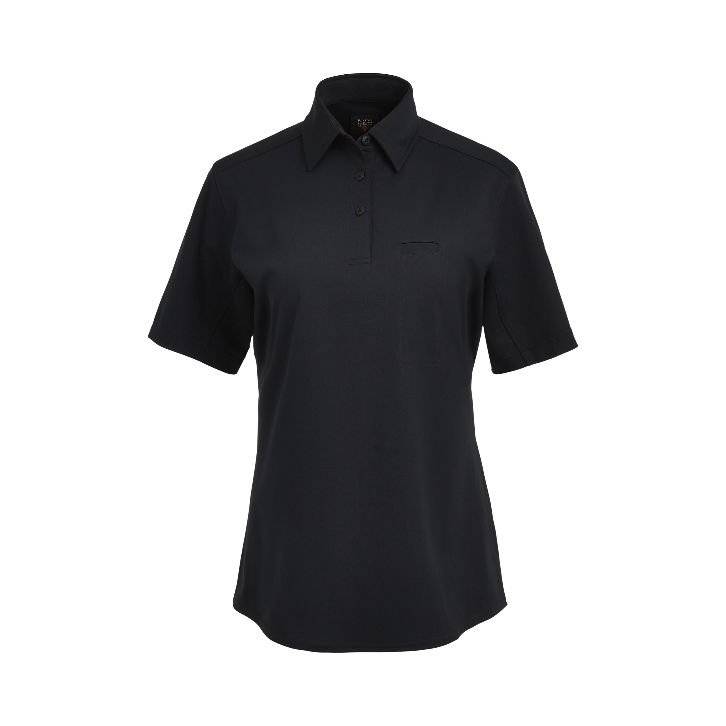 Product shot of a Flying Cross women's short sleeve, dark navy polo shirt featuring a three-button placket and a breast pocket with subtle stitching details